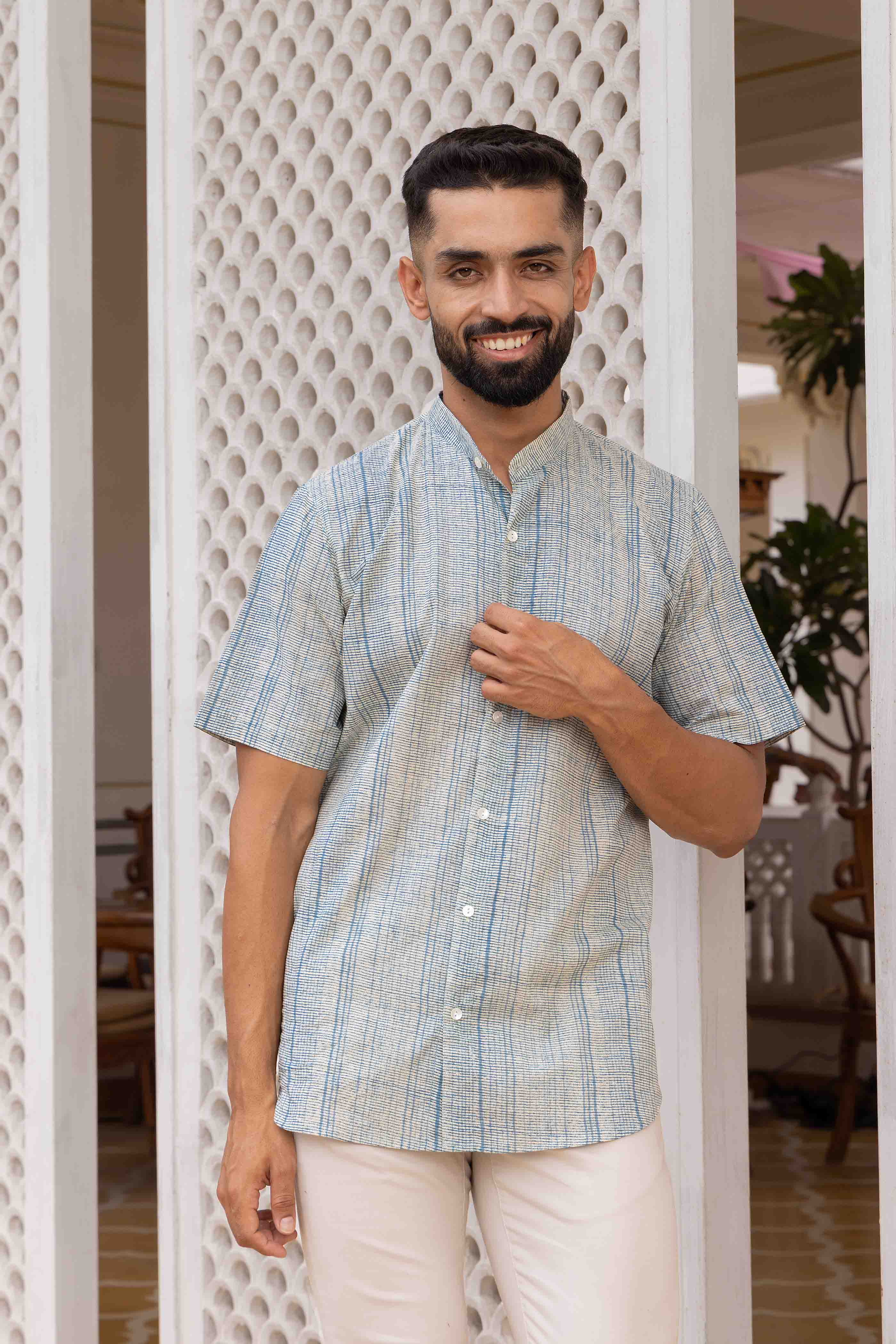 Blue Stripes Printed Cotton Shirt Kurta